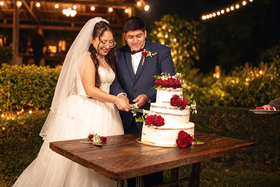 Los recién casados cortan su pastel